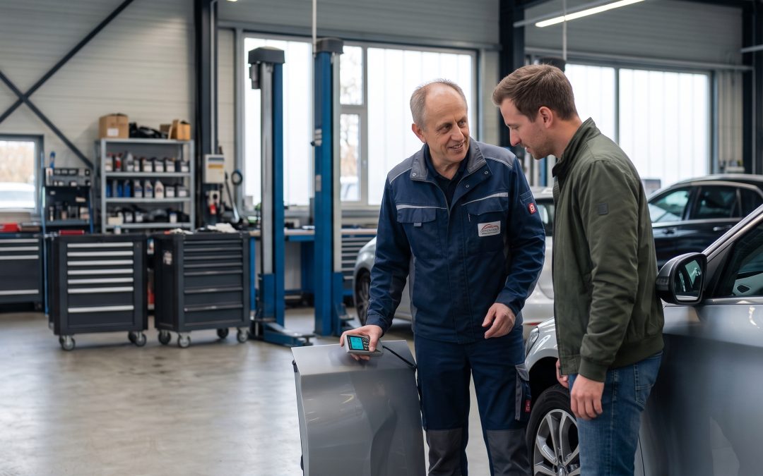 Versicherung behauptet Vorschaden - Peter Gabriel steht mit einem Kunden in der Werkstatt und erläutert den Sachverhalt.
